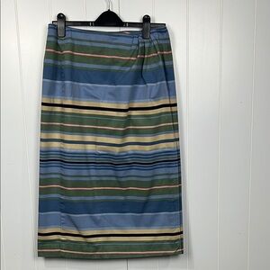 Cambridge Dry Goods Womens Wrap Skirt Blue Green Yellow 12 Waist Button Stripes